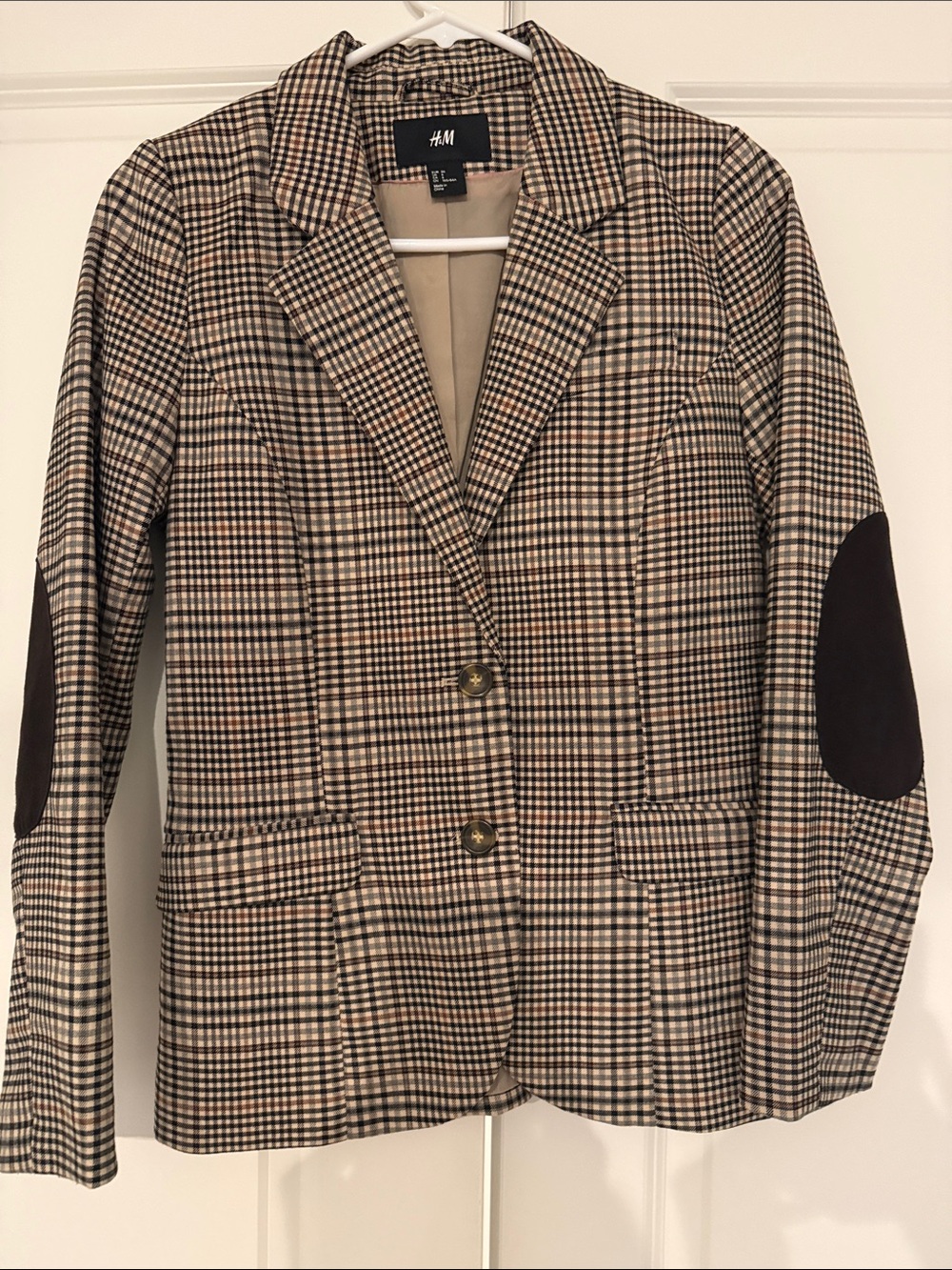 H&M Brown Beige Plaid Blazer with Dark Elbow Patches